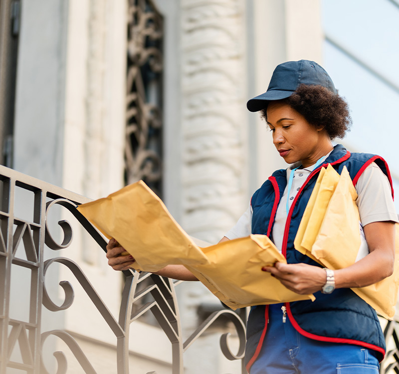 Delivery woman looking at papers