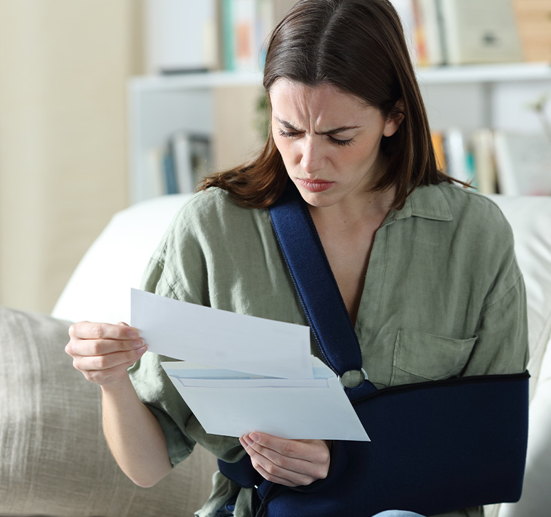 Worried woman looking at insurance papers