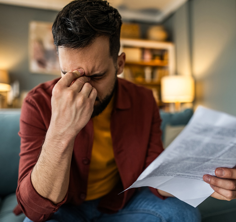 Stressed man reading insurance